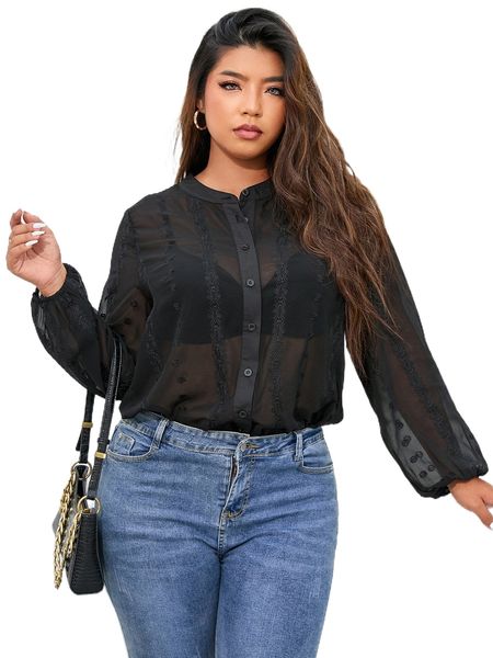 

plus button through sheer chiffon blouse without bra 41sk#, Black