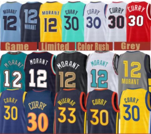 

2021 new ja 12 morant basketball jersey stephen 30 curry mens james 33 wiseman draymond 23 youth kids klay 11 thompson white, Black;red