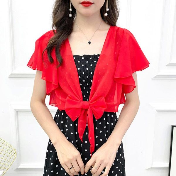 

korean short chiffon bow neckerchiefs sunscreen shawl womens summer thin transparent blouse shoulders fake collar cape knotted scarf t95, Blue;gray