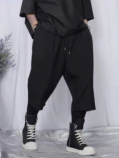 

men drawstring waist capris pants a9xo#, Black