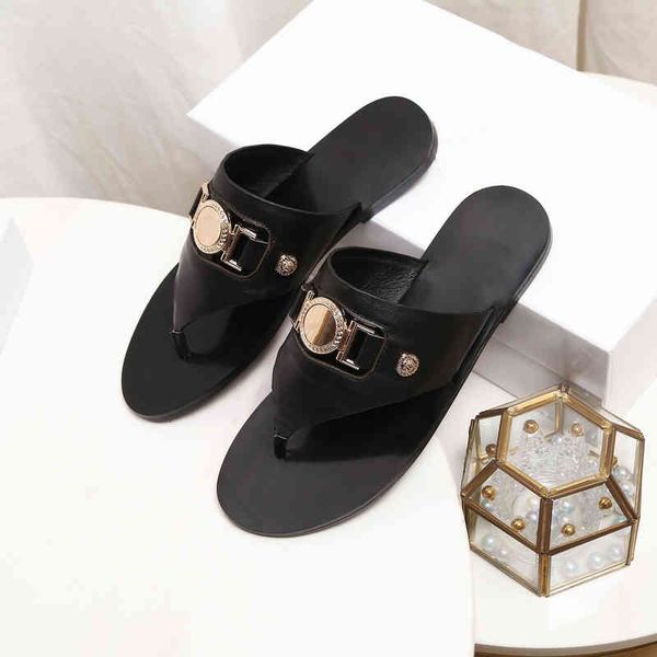 

dress shoes women's summer shoes size35-45 genuine leather metal decoration couple flip-flops leisure beach slippers designer, Black