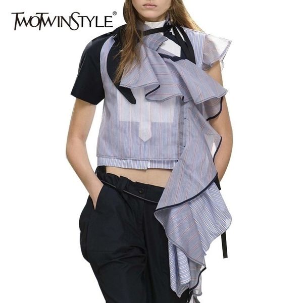 

twotyle summer striped women blouse stand collar short irregular ruffles hit color patchwork shirt female fashion y200622, White