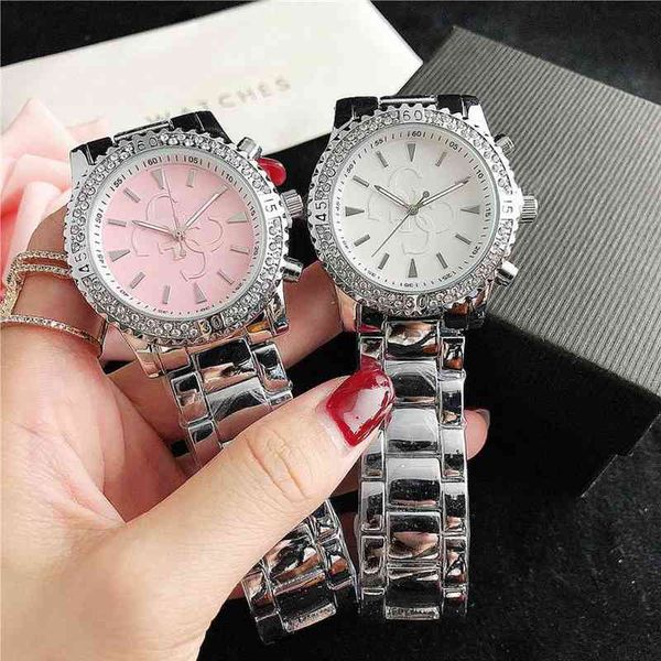 Marke Uhr Frauen Mädchen Diamant Große Buchstaben Stil Metall Stahl Band Quarz Armbanduhr GS 45255h