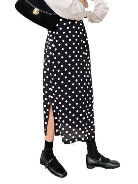 

dazy dalmatian print high waist split hem skirt e8fr#, Black