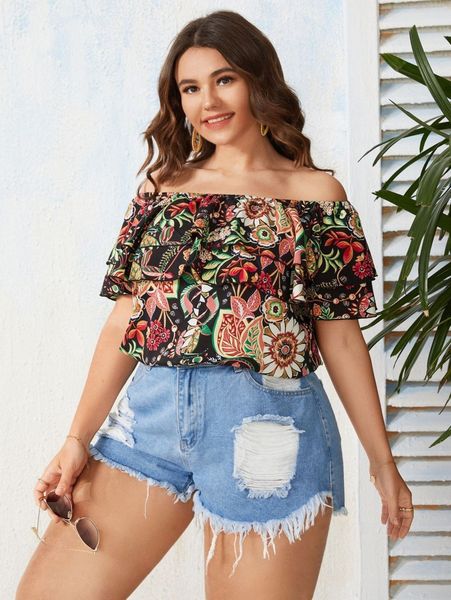 

plus floral print off shoulder ruffle trim blouse 56e4#, Black