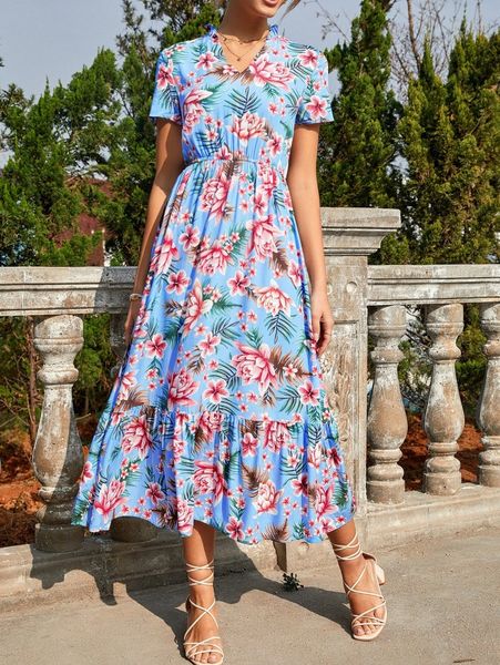 

tropical print frill notched neck ruffle hem dress p60m#, Black;gray