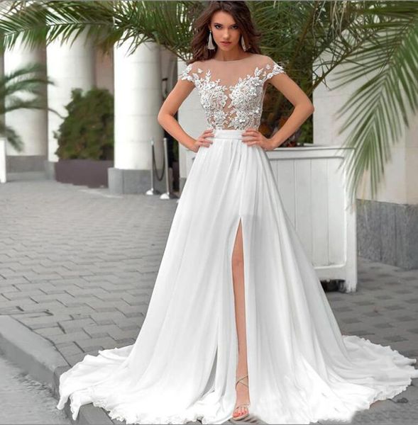 

2022 new bridal chiffon wedding dress round neck simple trailing slit wed dresses vestido de novia, White