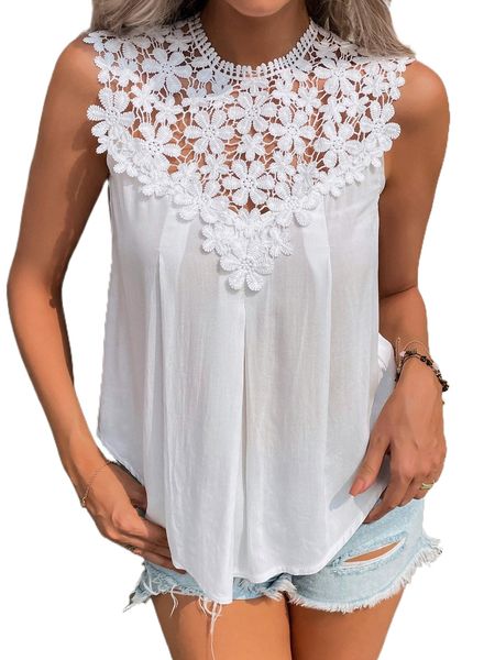 

guipure lace panel keyhole back curved hem blouse a5pt#, White