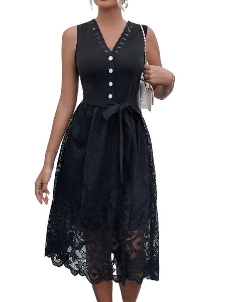 

quarter button belted lace dress z6k2#, Black;gray
