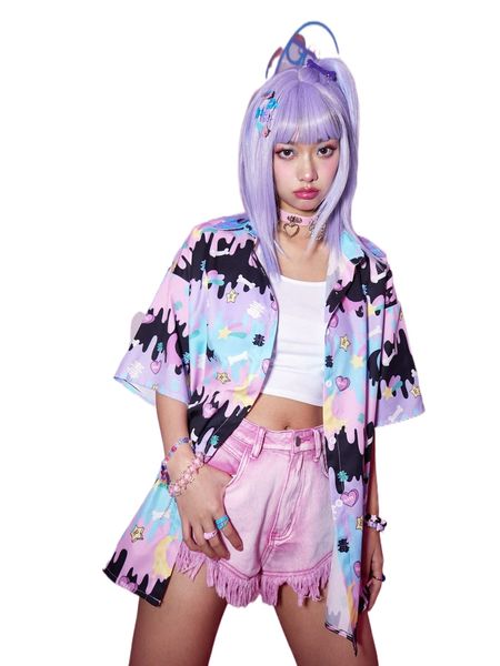 

romwe anime allover cartoon print colorblock shirt 16if#, White