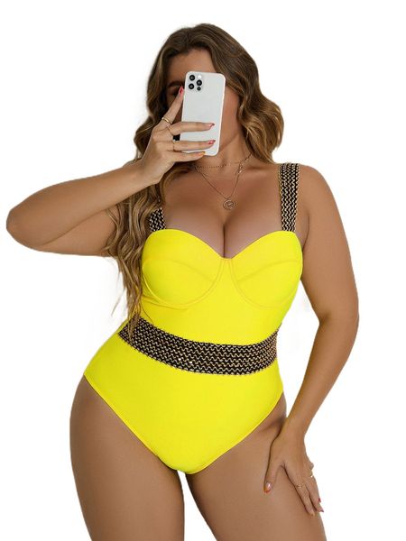 

plus neon yellow stitch detail underwire one piece swimsuit 60ih#, White;black