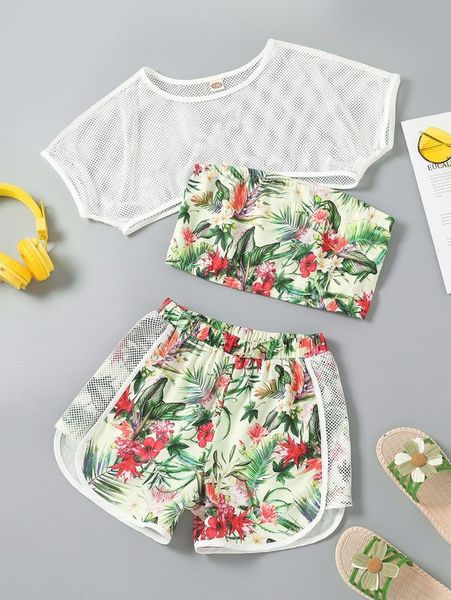 

girls mesh crop & tropical print shorts with tube she, White
