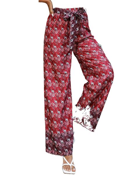 

allover floral print belted wide leg pants d64m#, Black;white