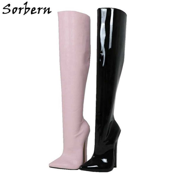 Sorbern Kniehohe Stiefel mit hartem Schaft für Damen, individuelle 18 cm Absätze, spitzer Zehenschuh, Stiletto, veganer Fetisch-Absatz