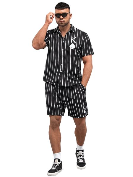 

extended sizes men vertical striped & playing card print shirt & drawstring waist shorts a3nf#, Gray