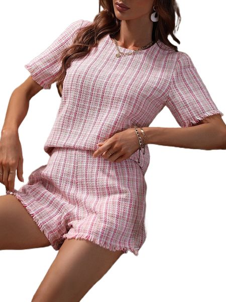 

plaid pattern raw trim & shorts t5ko#, White