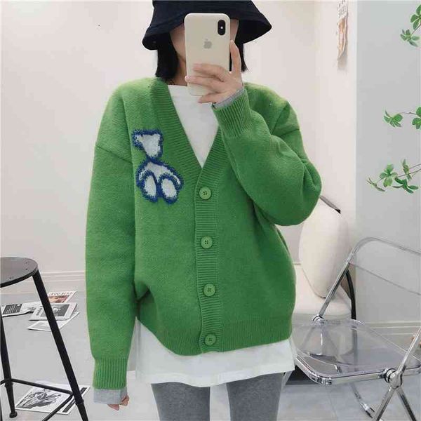

women's polos net red cartoon bear sweater cardigan women wear spring and autumn lazy korean v-neck knitted jacket fashion 8d0f, White