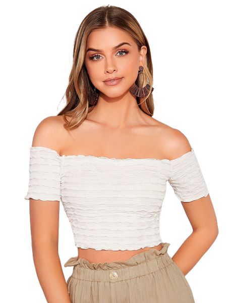 

off shoulder lettuce trim crop c73b#, White