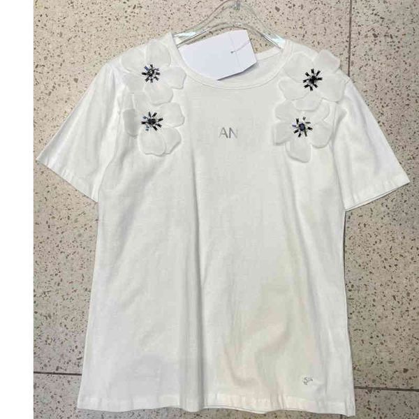 

summer new style small fragrance pure handmade fixed diamond bead three-dimensional camellia flower 4 flowers loose short t-shirt top, White