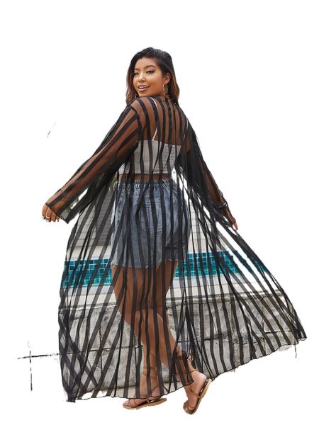 

plus striped open front kimono k6hf#, Black;gray