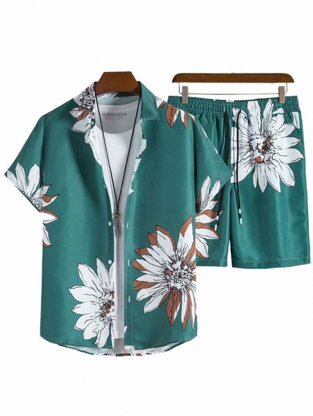 

men floral print shirt & drawstring waist shorts without tee a0jo#, Gray