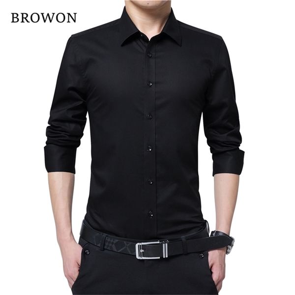 

browon men fashion blouse shirt long sleeve business social shirt solid color turn neck plus size work blouse brand clothes lj200925, White;black