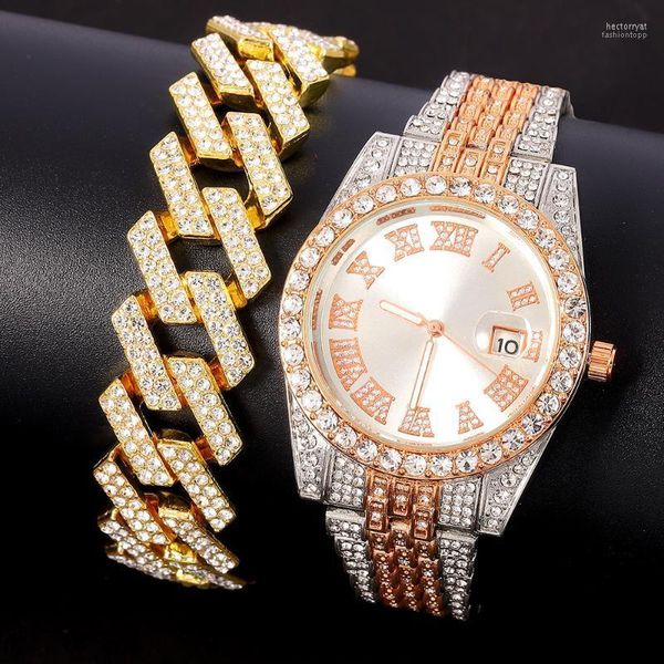 Orologi da polso Hip Hop Uomo Donna Crystal Square Tennis Catena Collane Set Bling Strass Iced Out Bracciale Orologio Gioielli Hect22