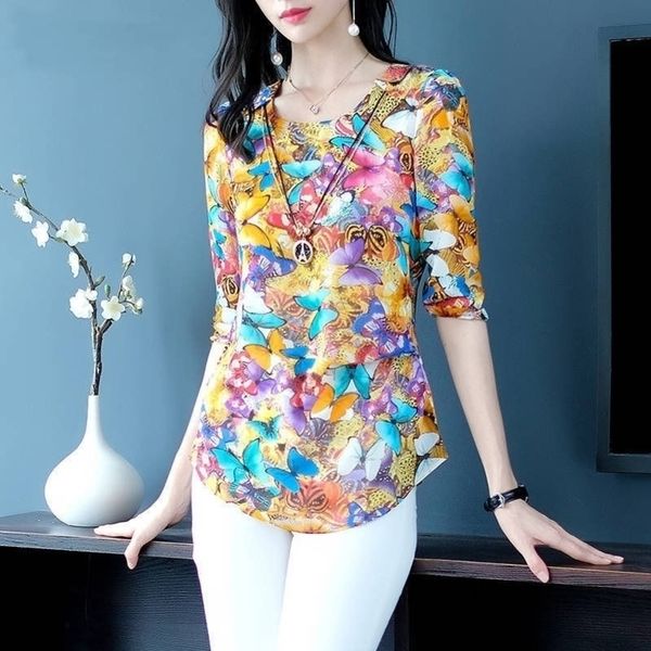 

butterfly chiffon blouse women short sleeve plus size summer o neck midi tees vestidos ladies clothes y200402, White