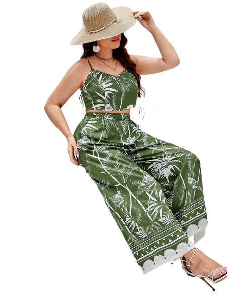 

sxy plus tropical print cami & wide leg pants i3k4#, Black