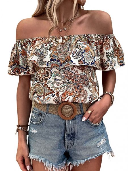 

paisley print off shoulder ruffle trim blouse c947#, White