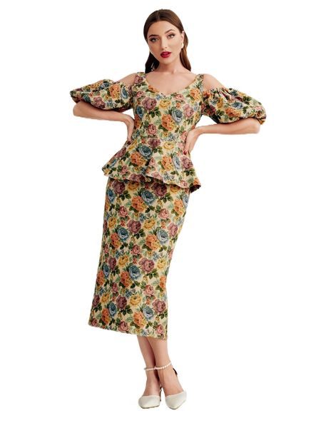 

allover floral print cold shoulder peplum dress x2np#, Black;gray