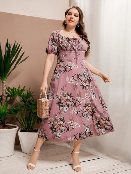 

plus floral print ruched bust split thigh dress i95v#, Black