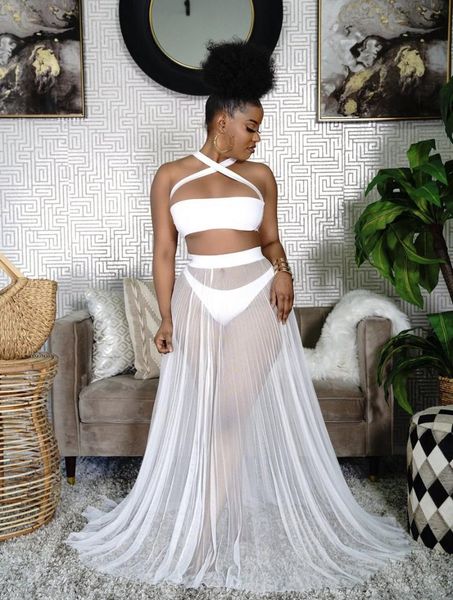 

two piece dress vavcy 2022 summer suit mesh fabric vest + shorts skirt holiday beach women set, White