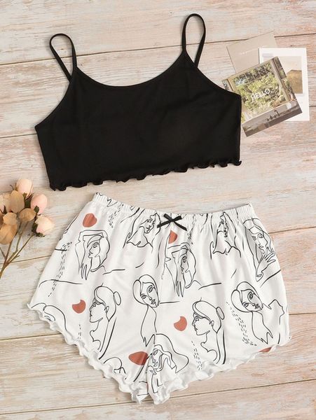 

figure graphic lettuce trim bow detail pj set p7gl#, Black;red