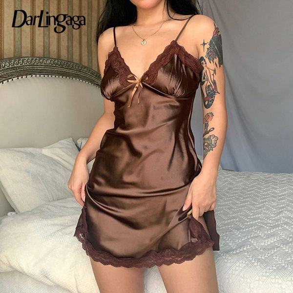 

darlingaga vintage chic strap lace patchwork brown satin summer dress female fashion bow split dresses party sundress club, Black;gray