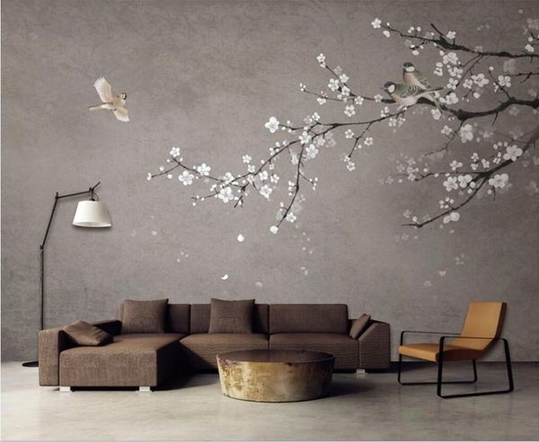 

wall covering custom wallpaper mural new chinese style hand-painted plum tv sofa bedroom background wall