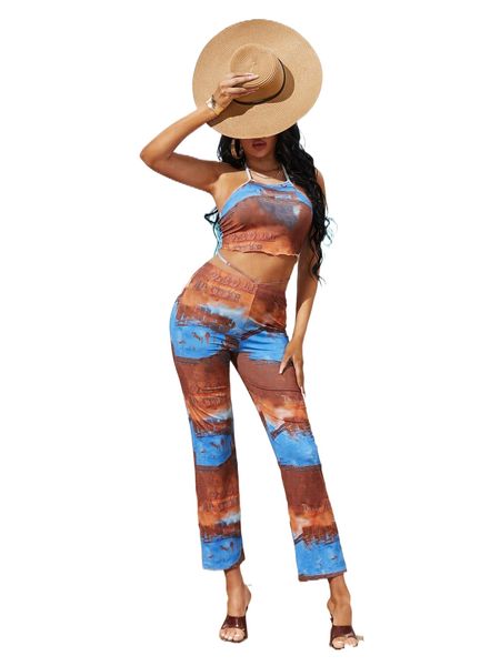 

letter graphic crop halter with pants y8tx#, White