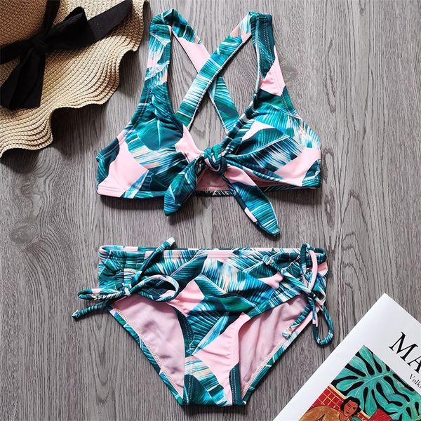 

7-16 years girl swimsuit kids tropical two piece children's swimwear cross back bikini set bow tie s bathing suit 220426, Black