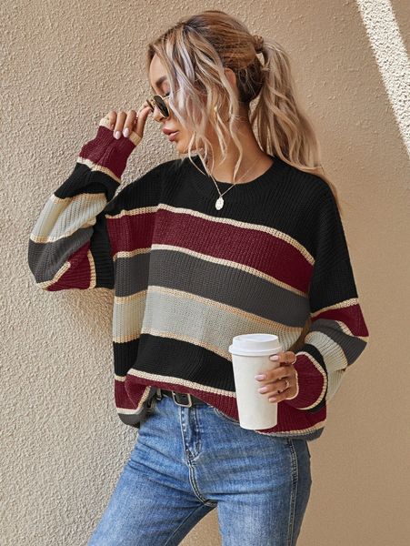 

striped pattern oversized sweater 746g#, White;black