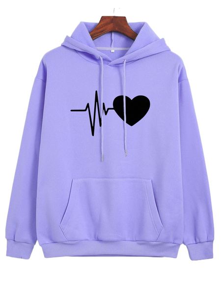 

heart print drop shoulder hoodie 42ol#, Black