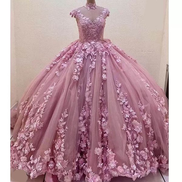 

gorgeous pink ball gown quinceanera dresses 3d flowers appliques beads cap sleeves long ruched prom evening gowns sweet 15 wears, Blue;red