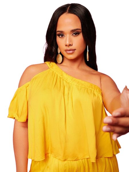 

plus one shoulder cutout solid blouse g1ag#, Black