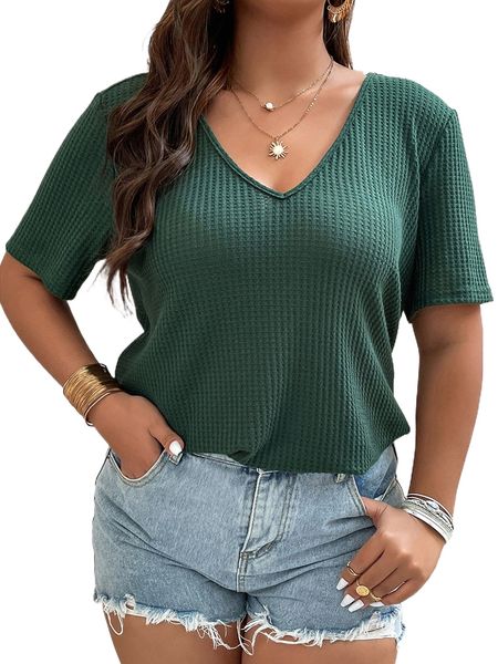 

plus waffle knit solid tee k1xs#, Black