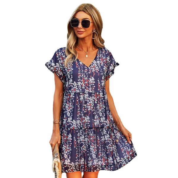 

casual dresses ladies floral print short summer dress women v neck ruffles beach mini chiffon sundress vestidos female, Black;gray