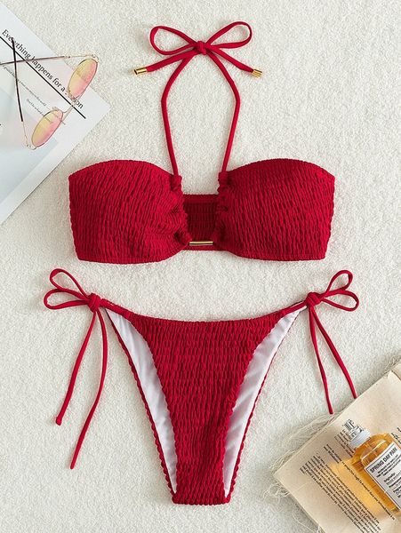 

smocked halter tie side bikini swimsuit s27k#, White;black