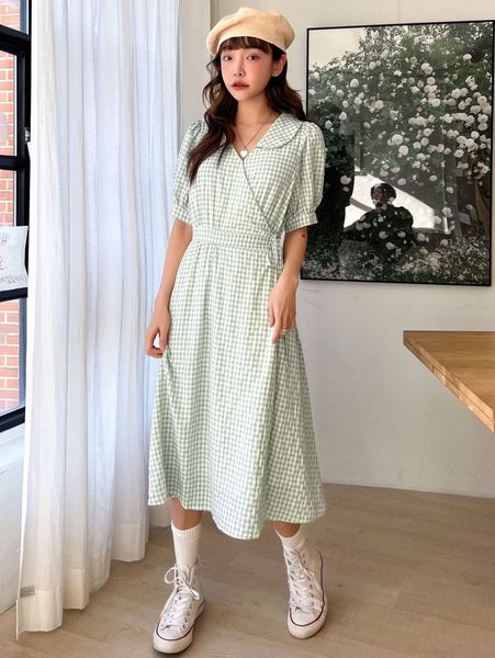 

dazy gingham print puff sleeve knot side dress t1p8#, Black;gray