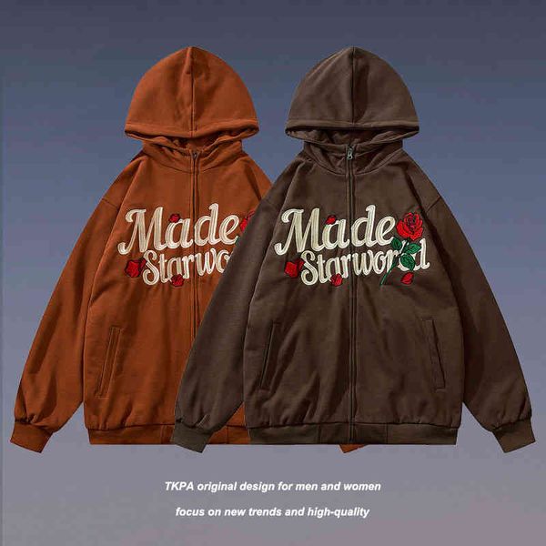 

tkpa american street embroidery letter hooded hoodie men's and women's fashion brand autumn winter 2022 new couple's coat, Black