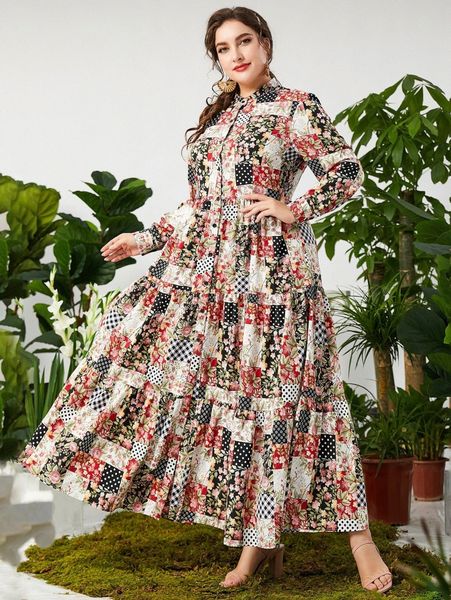 

plus floral and polka dot print ruffle hem maxi dress 17o3#, Black