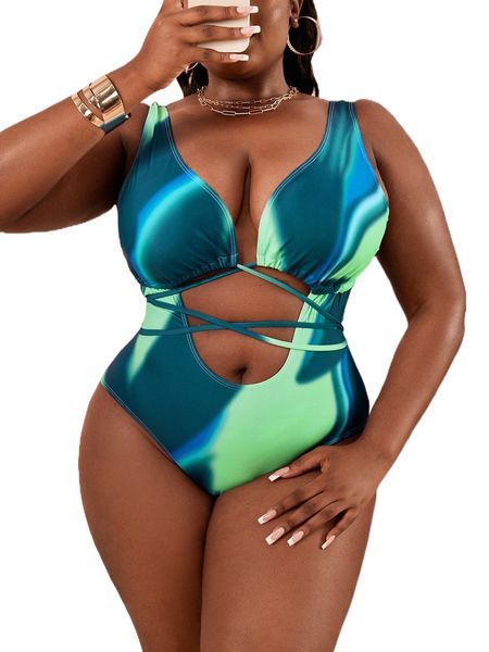 

plus ombre cut out crisscross tie back one piece swimsuit x4to#, White;black