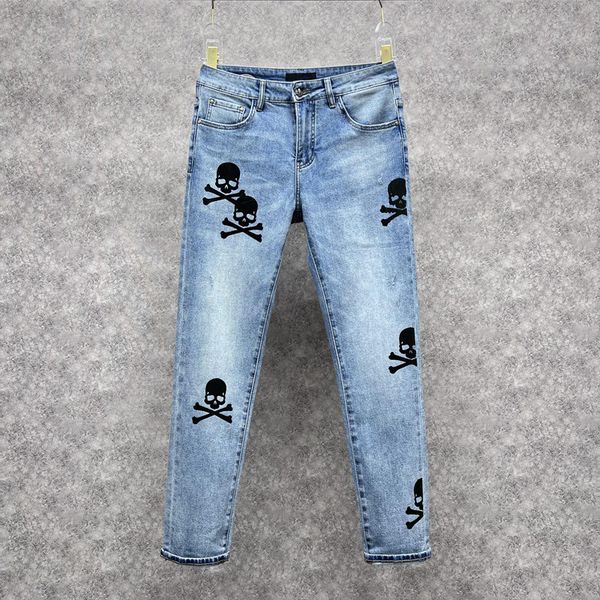 

men's jeans designer light blue washed jeans men's 2022 spring and autumn new skull flocking printing slim straight leg pants 4sti